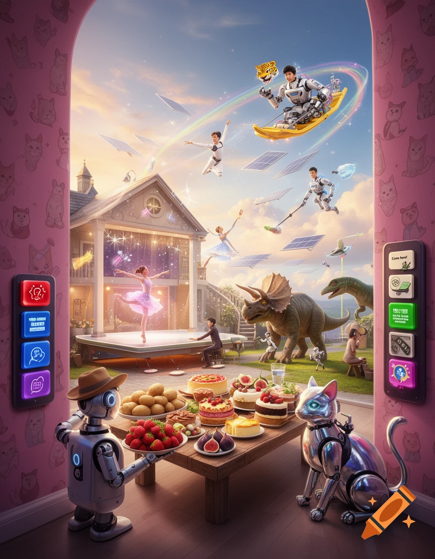A whimsical scene with a robot serving food, a metallic cat, dancers, and people in space suits flying around a house, with dinosaurs and solar panels, all framed by pink cat-patterned walls.