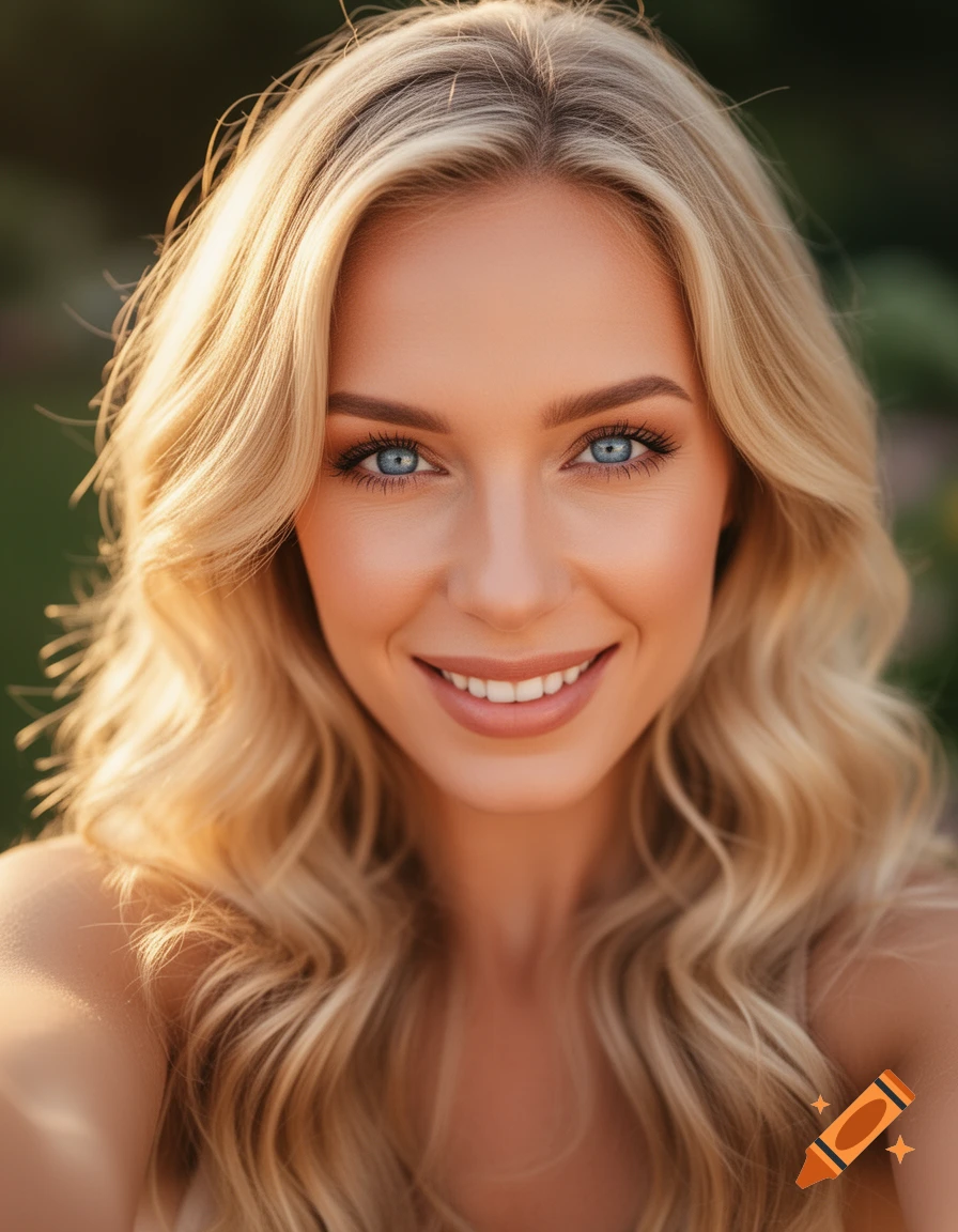 Close-up photorealistic portrait of a smiling blonde woman with blue eyes, soft outdoor lighting.