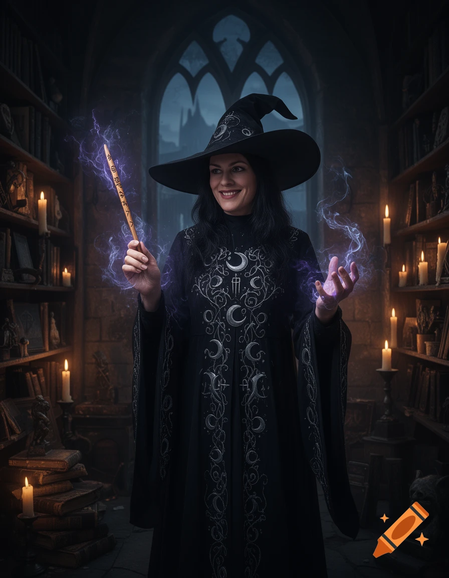 A smiling witch in a black hat and dress casts purple magic with a wand in a candlelit library.