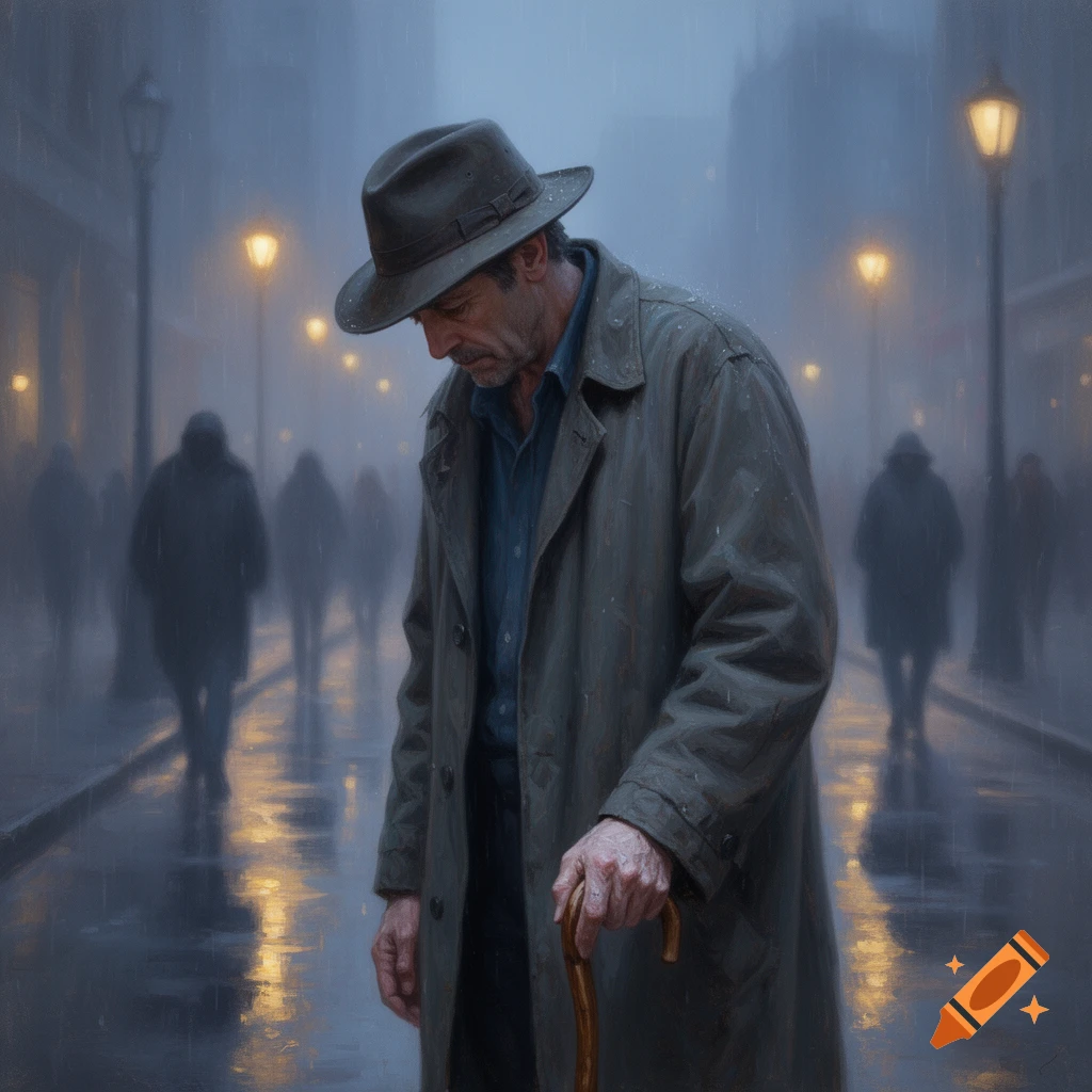 A man in a trench coat and hat, holding a cane, walks alone down a misty, rainy street lit by streetlights.