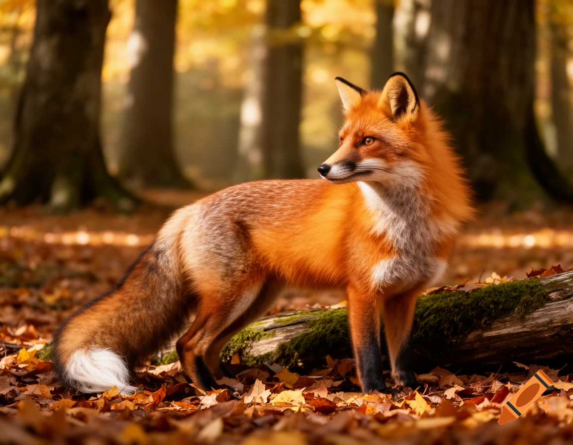A photorealistic red fox with bright orange fur stands among fallen autumn leaves in a forest, looking to the side.