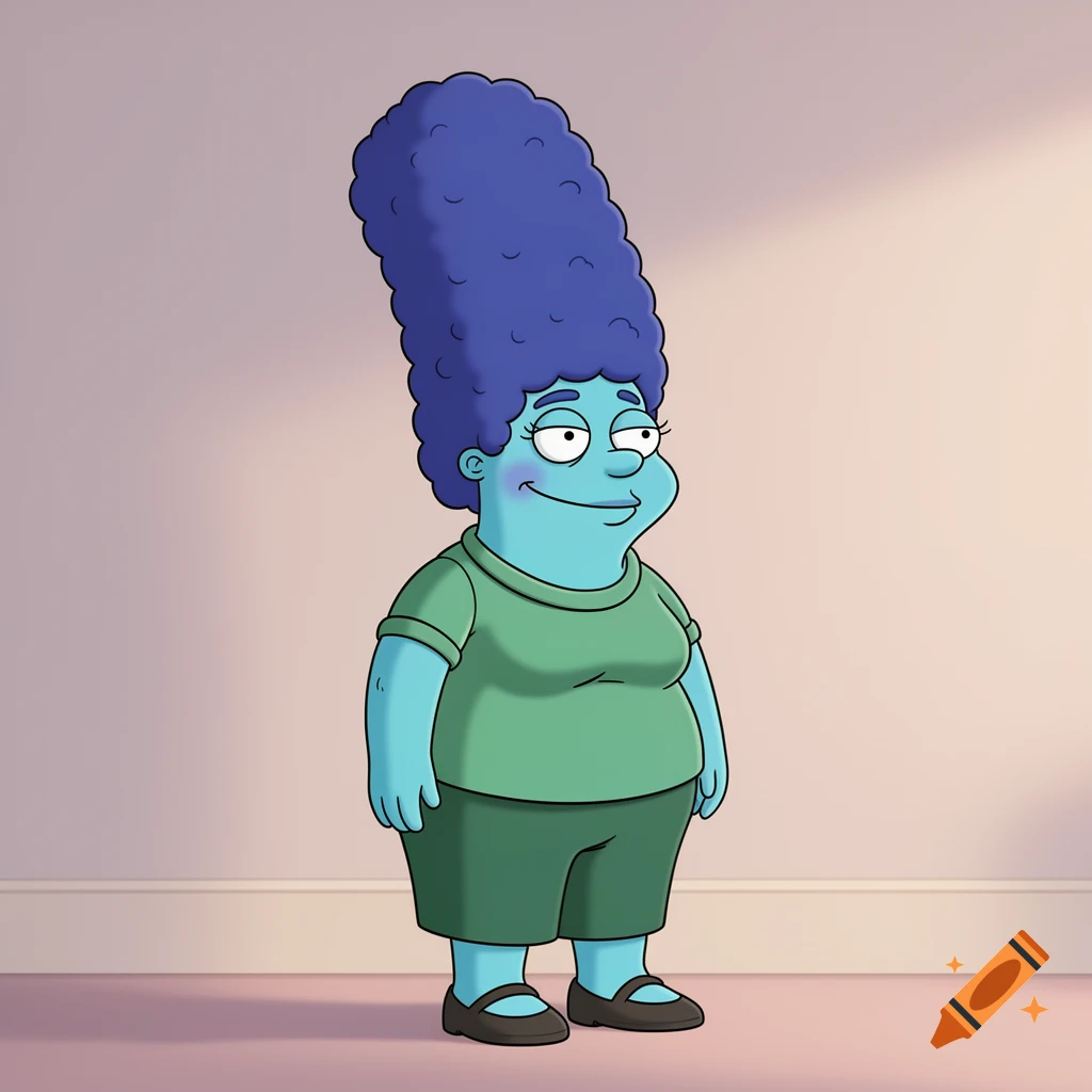 A stout, blue-skinned cartoon character with very tall, curly purple hair, wearing a green t-shirt and shorts, standing against a light pink wall.