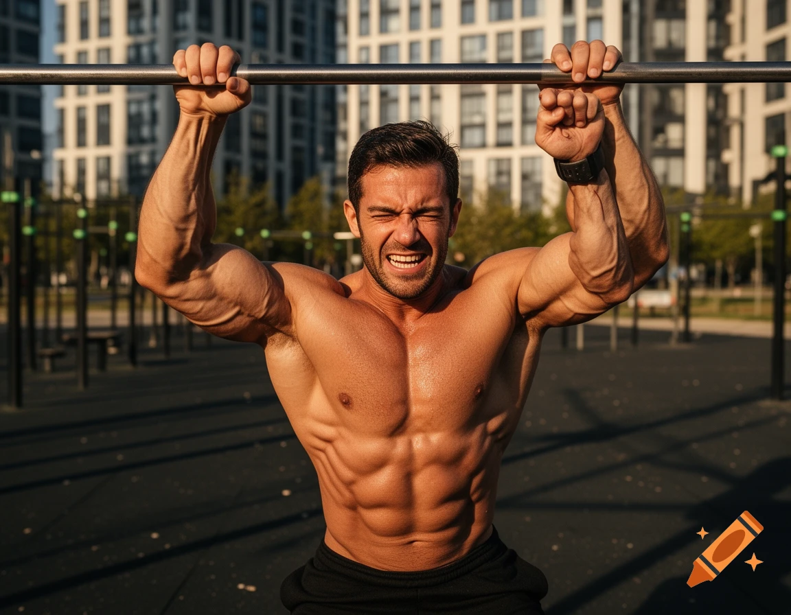 Muscular man with intense expression doing pull-ups at an outdoor calisthenics gym.