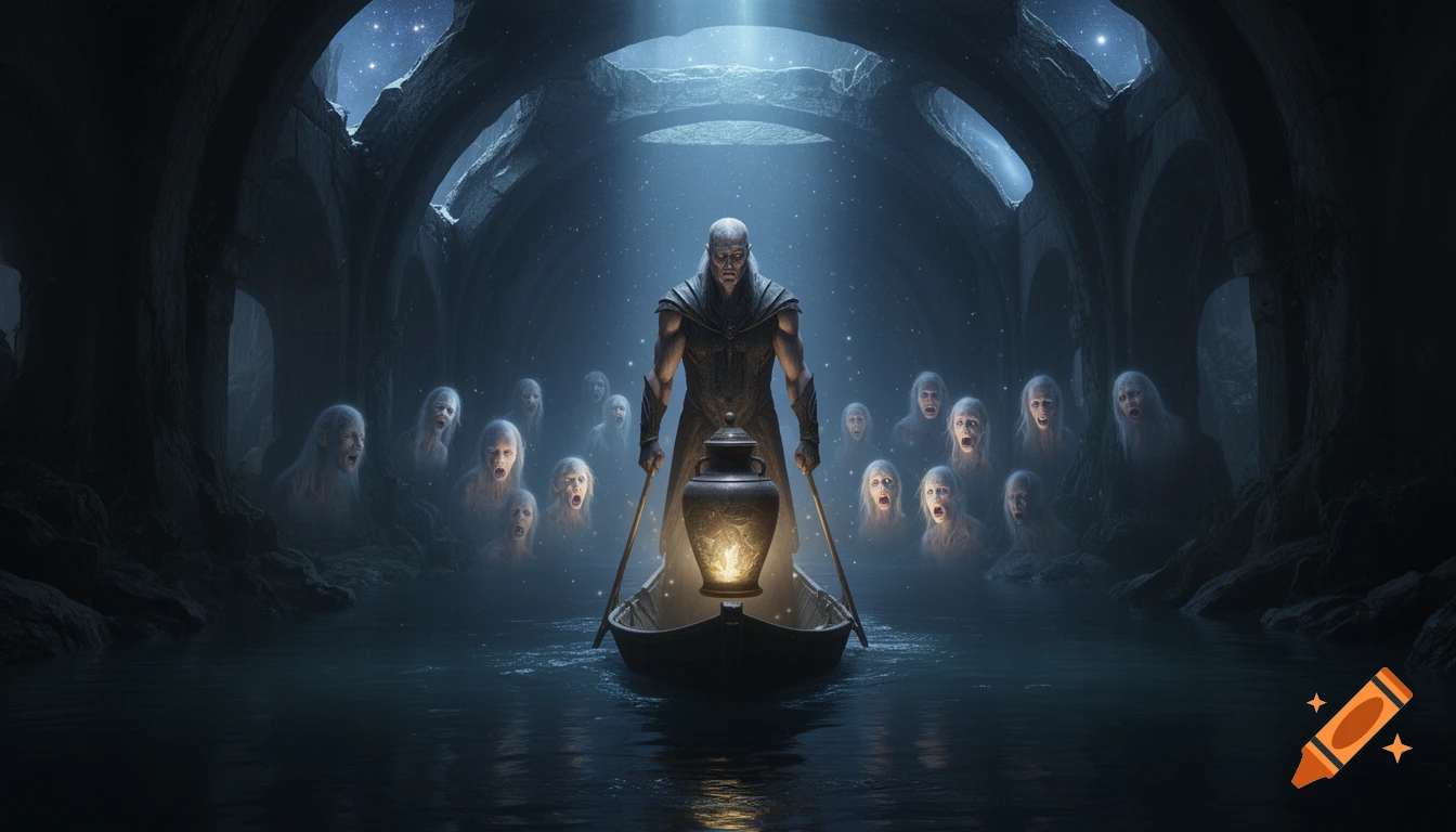 A bald, muscular ferryman in a boat holds an glowing urn, surrounded by numerous pale, ghost-like screaming faces in a dark, cavernous underworld river scene, lit by celestial light.