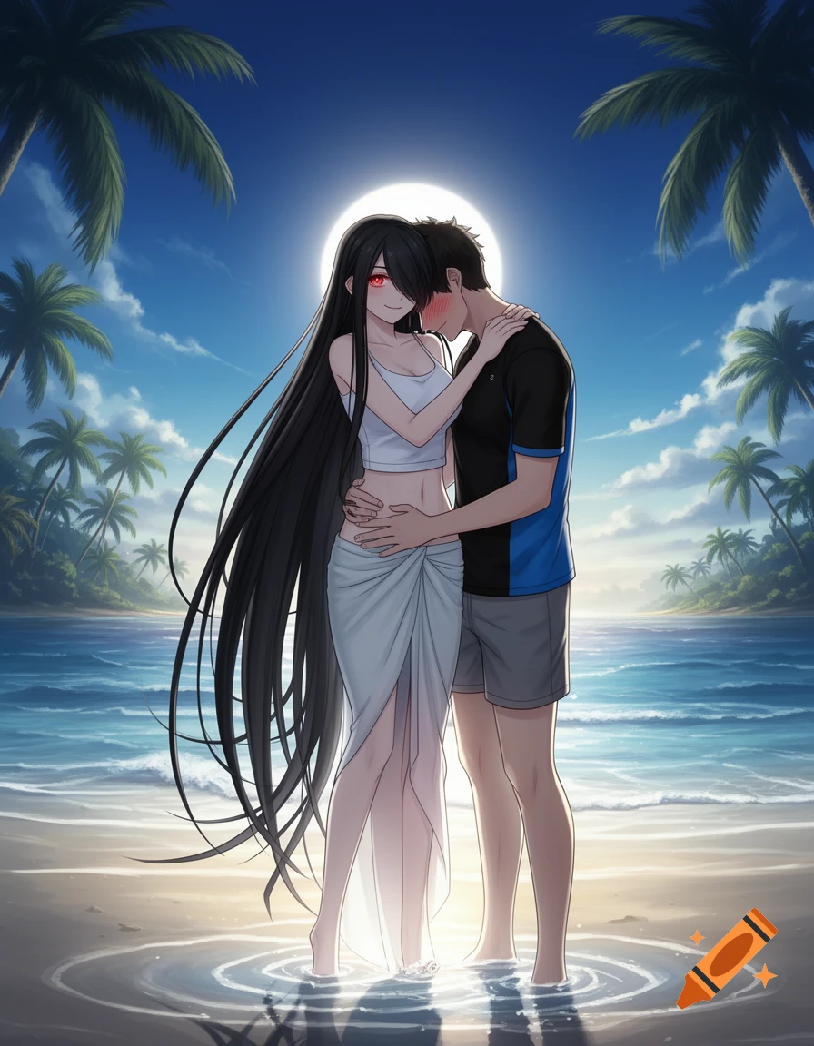 Anime couple embracing in shallow water on a sunny tropical beach with palm trees.