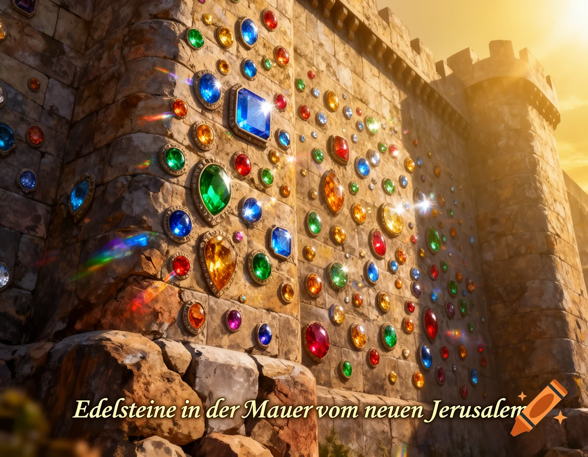 A stone castle wall adorned with numerous colorful, sparkling gemstones under a bright, sunny sky.