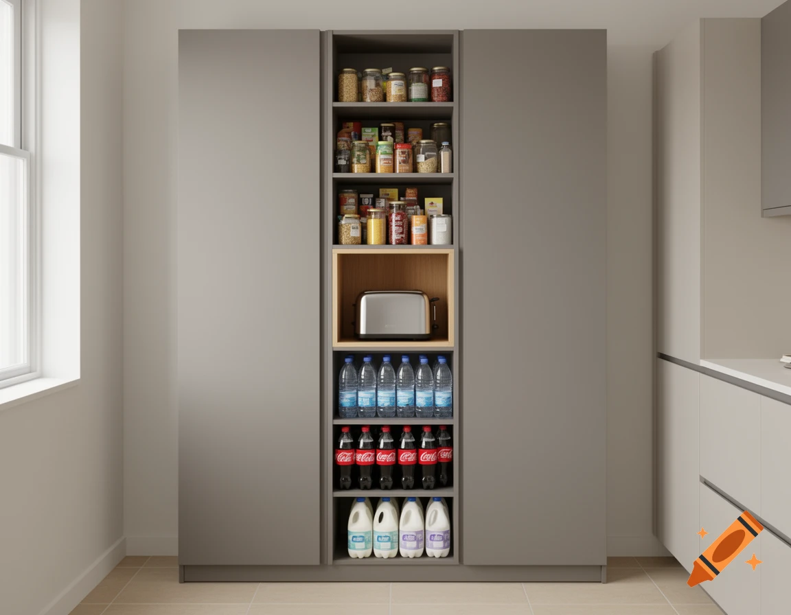 Realistic 3D render of a grey IKEA PAX pantry with a light oak niche for a toaster, shelves filled with groceries, water, cola, and milk.