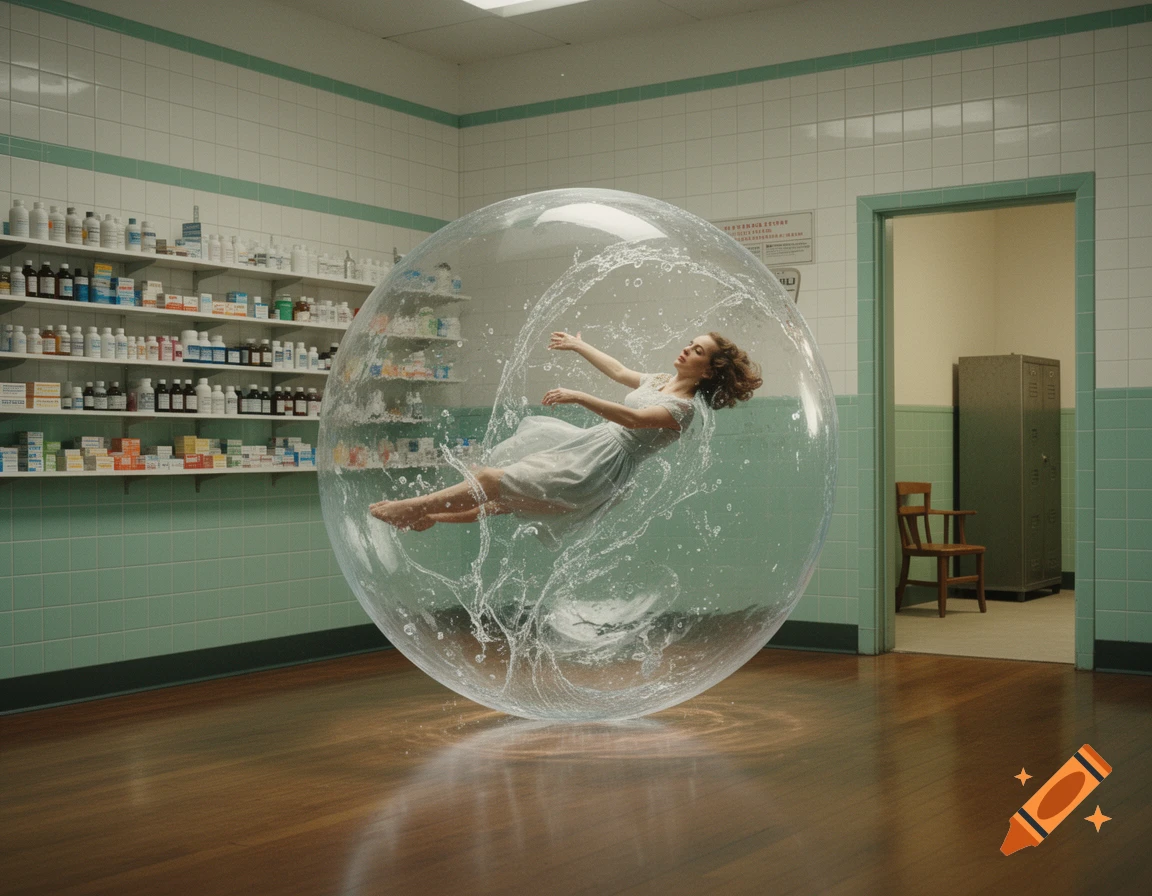 A woman floats in a transparent whirling water bubble inside a 1950s-styled pharmacy with shelves of medicines.