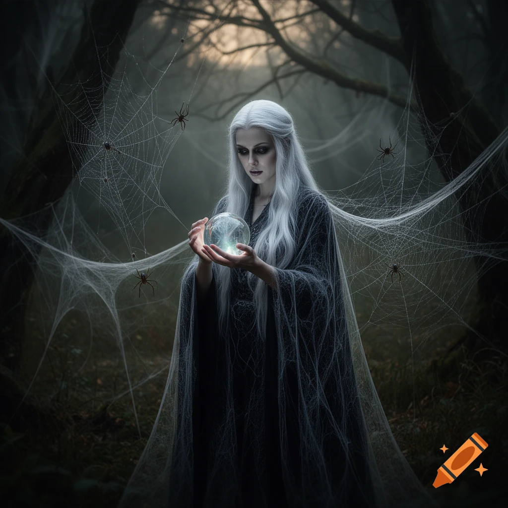 A white-haired witch in a dark, misty forest holds a glowing orb, surrounded by spiderwebs and spiders.