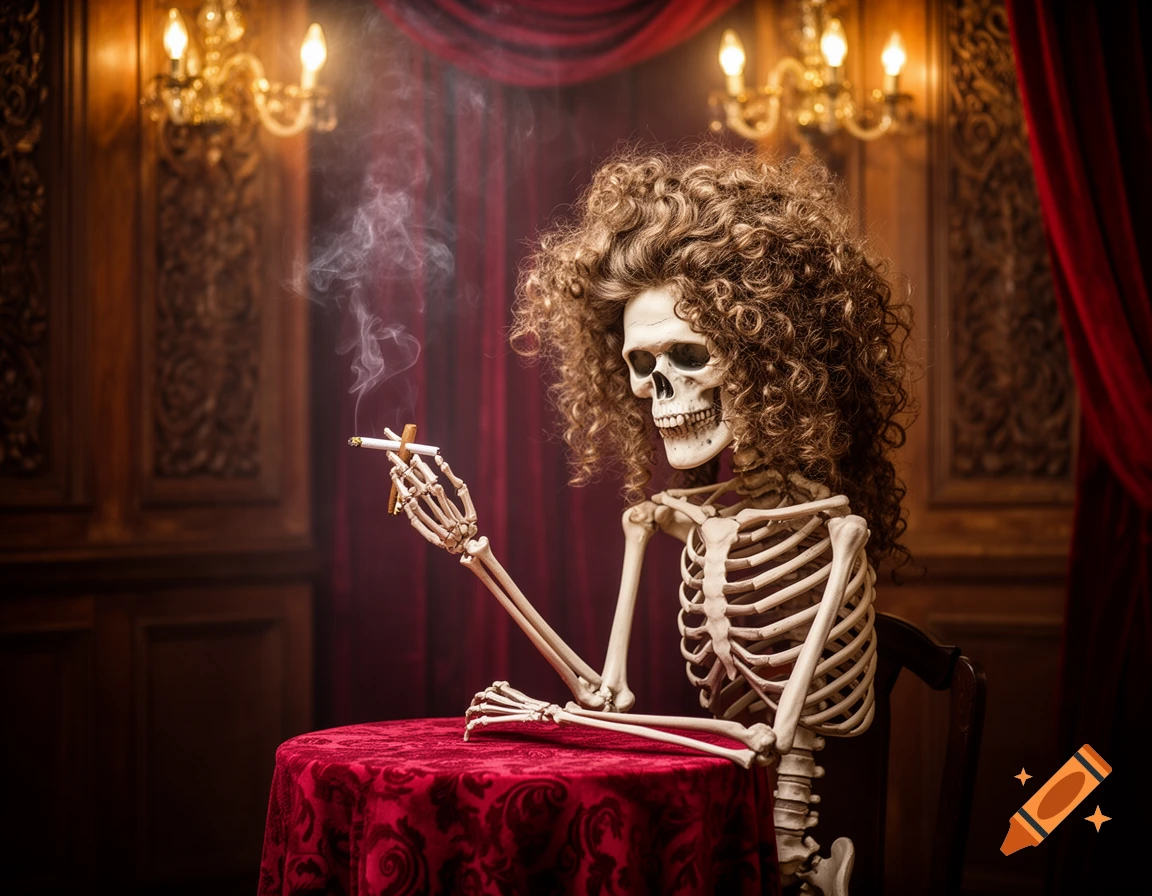 A skeleton with a large curly wig smokes a cigarette while sitting at a red-draped table in an ornate, dimly lit room.