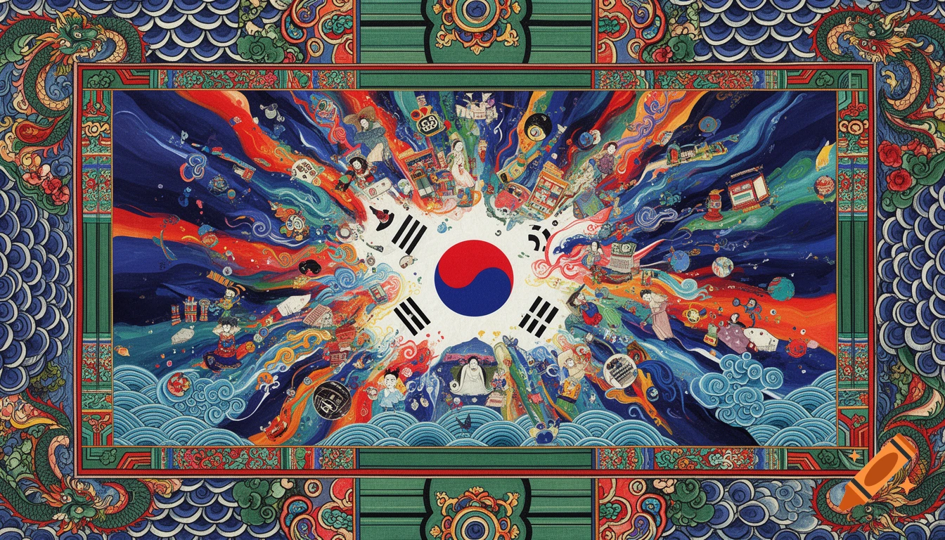 Vibrant collage artwork of South Korean culture, centered by the flag, surrounded by elements like figures and architecture, all within an intricate traditional patterned frame with dragons.