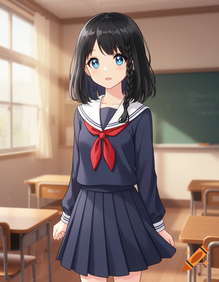 An anime girl with short black hair and blue eyes, wearing a dark blue sailor school uniform with a red bow, stands in a sunlit classroom.