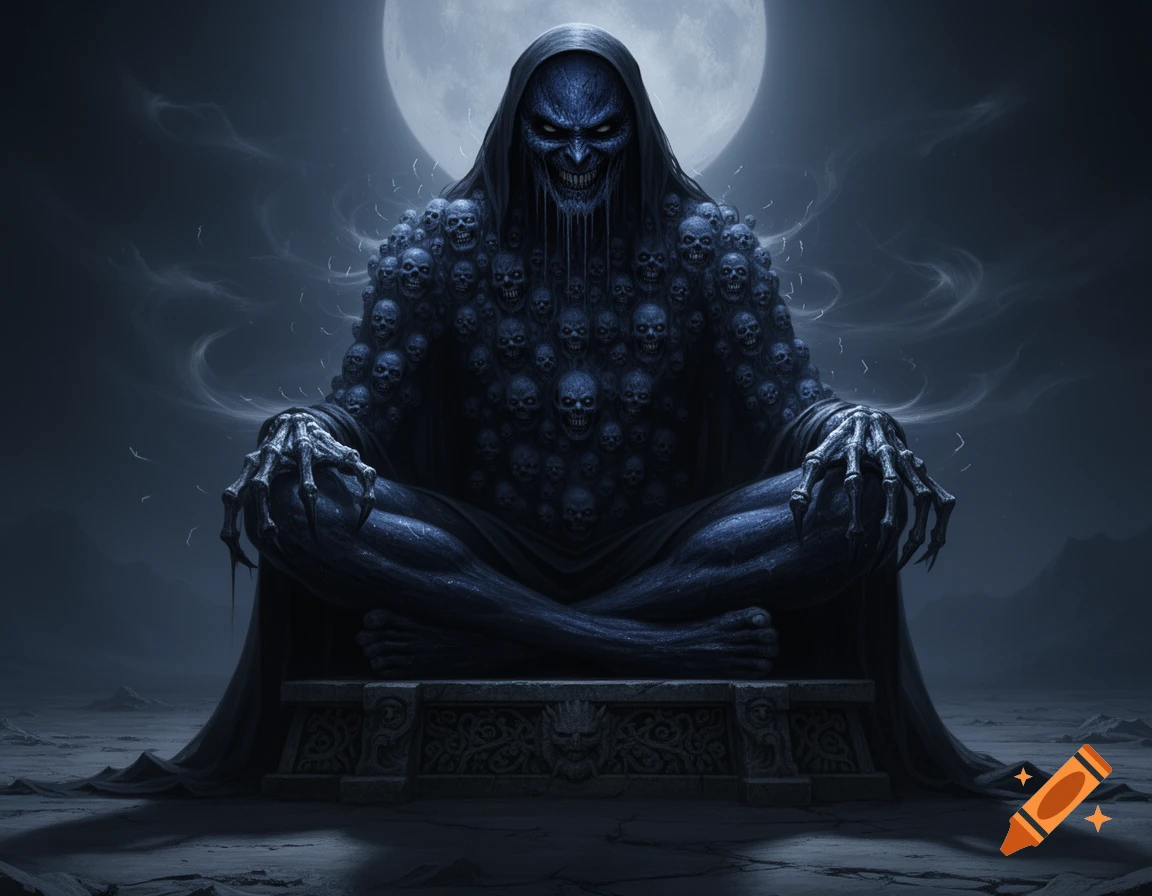 A dark, hooded humanoid figure covered in skulls sits cross-legged on a stone platform under a full moon in a desolate landscape.