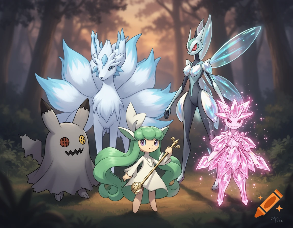 Five fantasy Pokemon: Alolan Ninetales, Mimikyu, Meloetta, Pheromosa, and Diancie, in a forest setting.