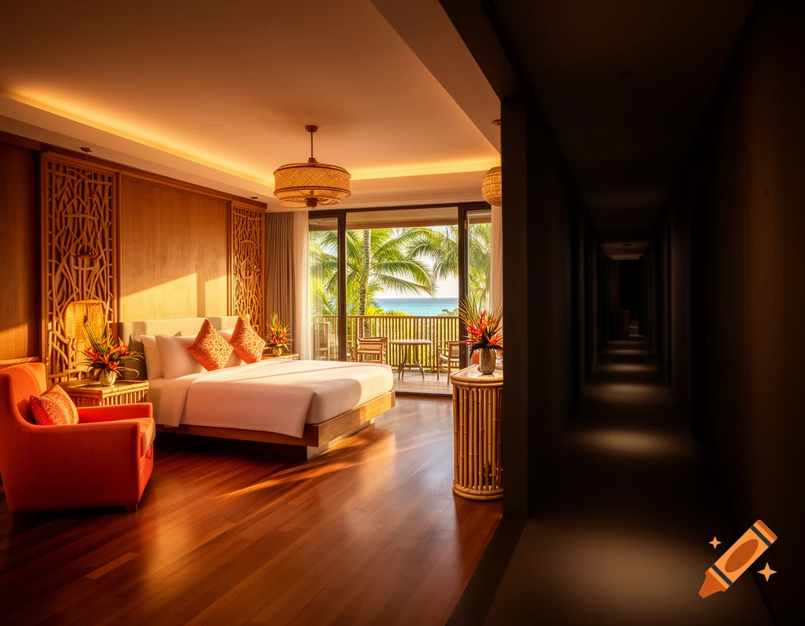 A luxurious tropical hotel room with warm lighting, ocean view, and a dark liminal hallway extending into the distance.