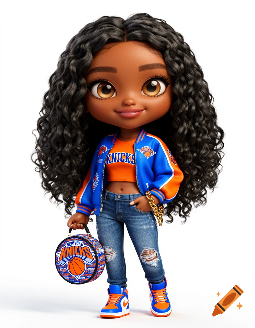 A 3D rendered chibi-style young Black woman with long curly hair wears a blue and orange New York Knicks outfit and holds a matching handbag.