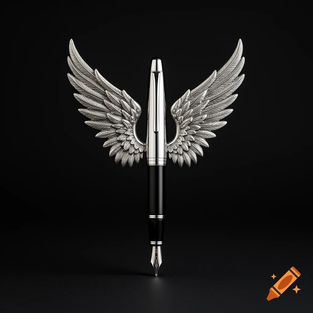 A photorealistic silver and black fountain pen stands upright on its tip, flanked by intricate silver feathered wings on a black background.