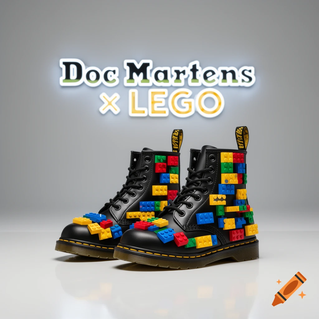 A pair of black Doc Martens boots decorated with colorful LEGO bricks, under a neon sign that reads 'Doc Martens x LEGO'.