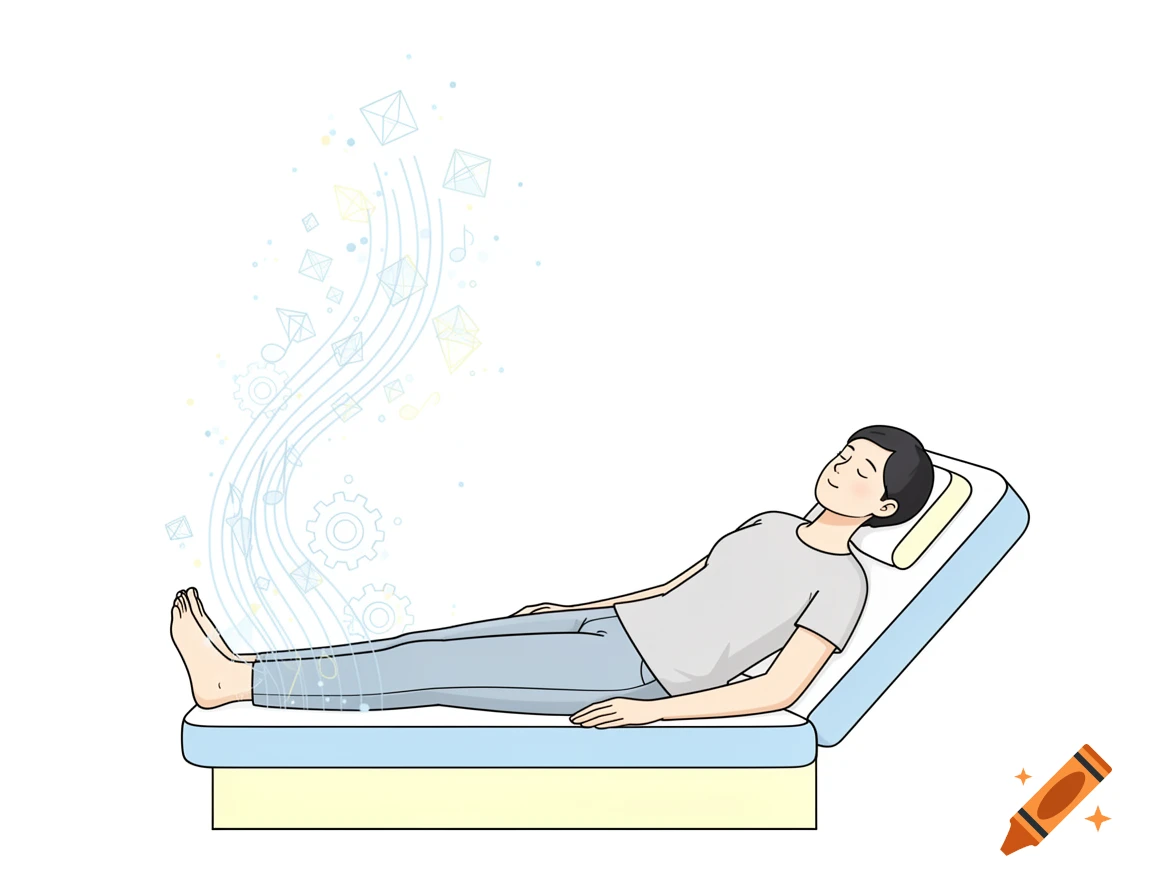 A serene 2D vector illustration of a person resting on a treatment bed with abstract particles and musical notes flowing upwards.