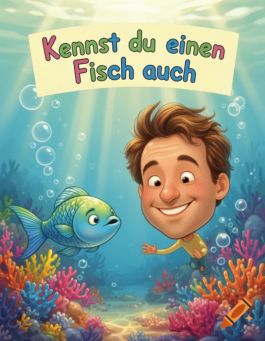 Cartoon illustration of a man with a big head and a fish underwater with colorful coral and text 'Kennst du einen Fisch auch'.
