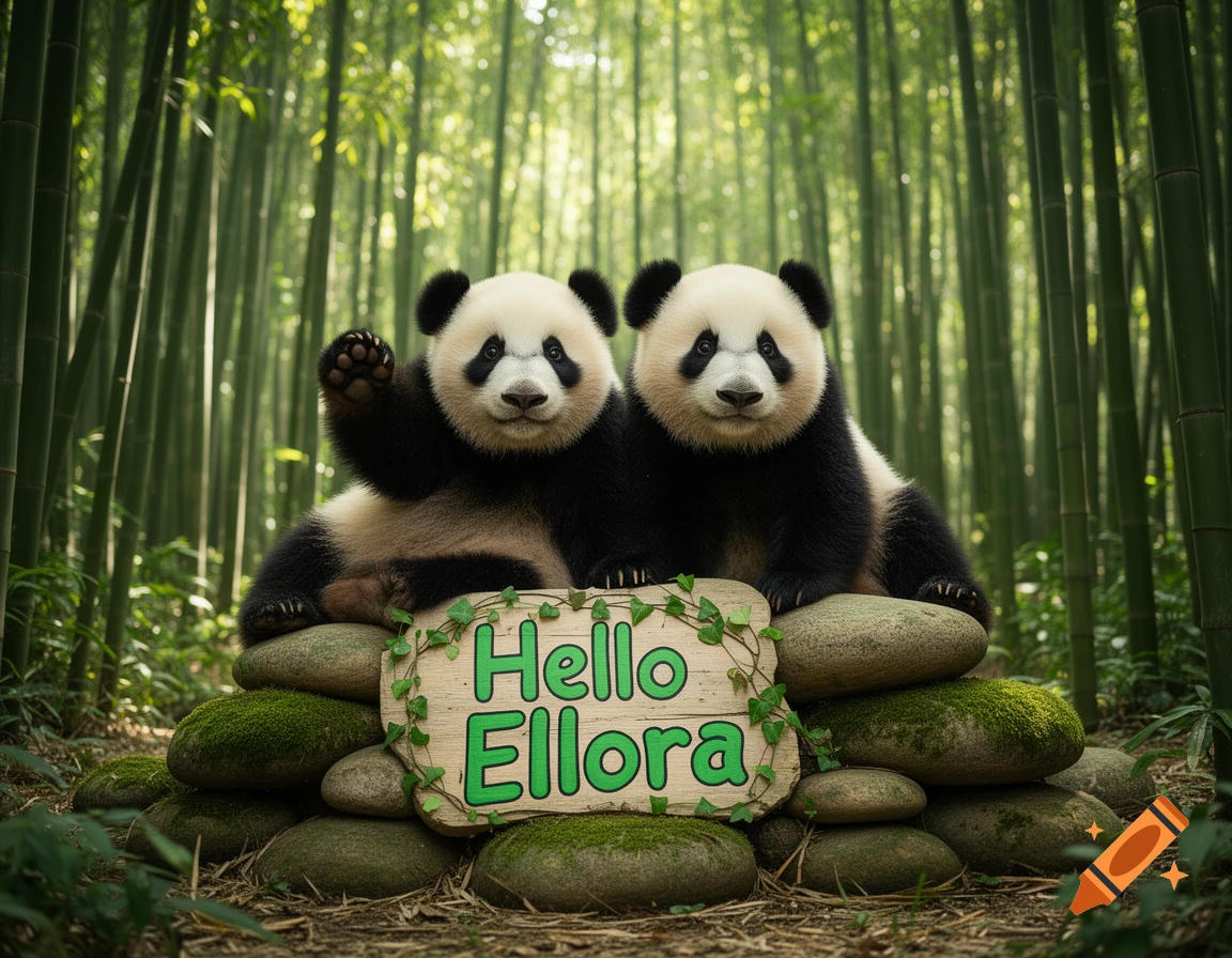 Two cute pandas sit on mossy rocks in a bamboo forest, one waves, next to a wooden sign reading 'Hello Ellora'.