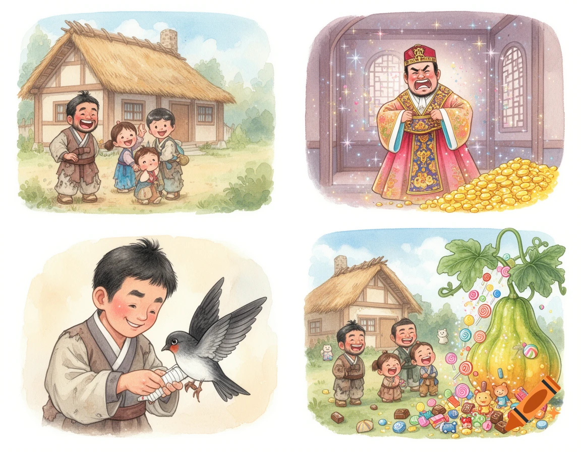 A four-panel watercolor illustration depicting a Korean folktale: a poor family, a rich man with gold, a boy bandaging a bird, and candy and toys spilling from a gourd.