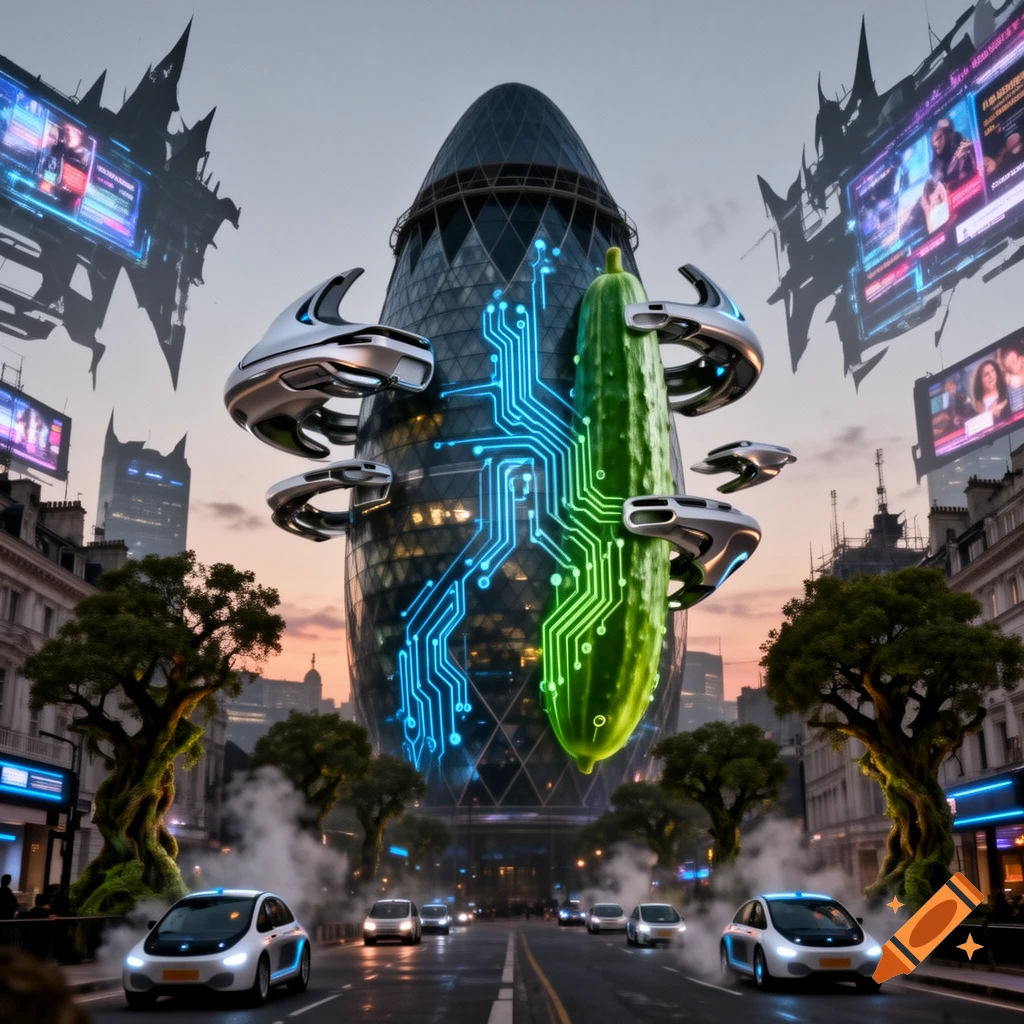 Futuristic city street at dusk, the Gherkin building transformed into a giant cucumber with glowing circuits and flying drones. Futuristic cars on road.