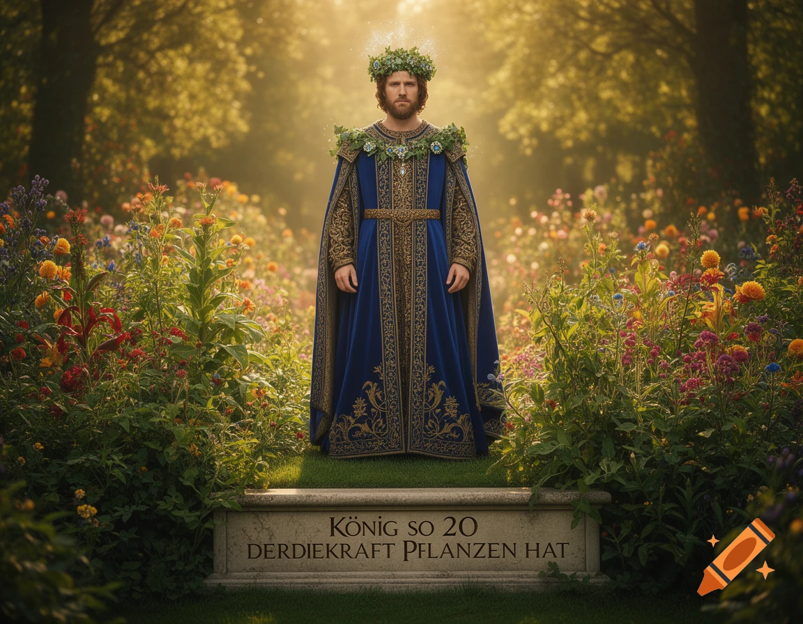 A regal man in a blue and gold robe and leafy crown stands in a vibrant, sunlit garden with text on a stone slab.