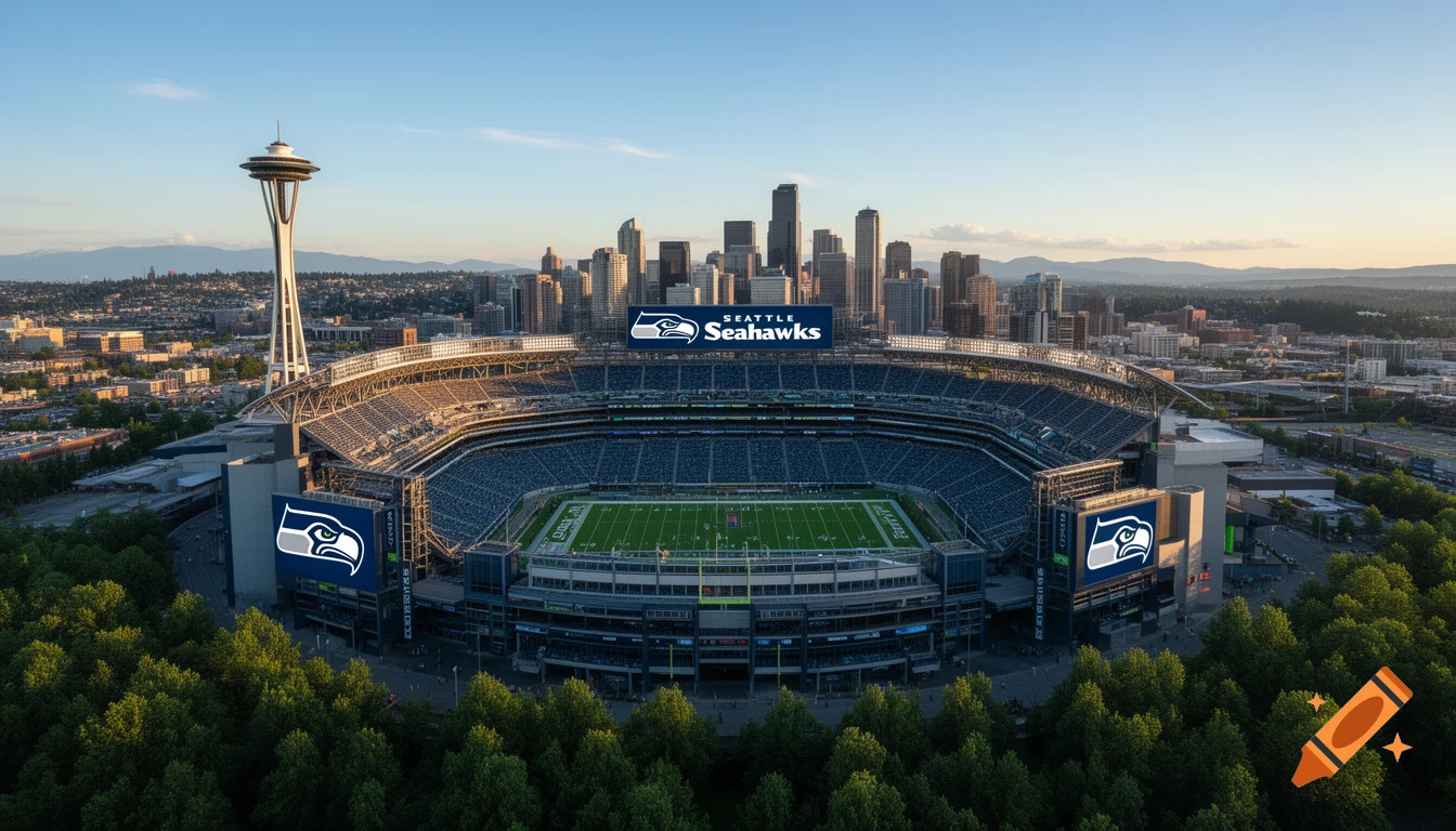 Aerial view of Lumen Field, home of the Seattle Seahawks, with the Seattle skyline and Space Needle at sunset.