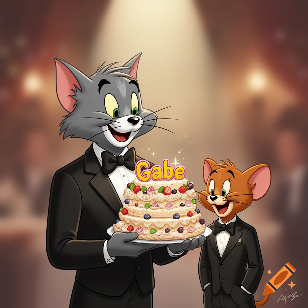 Tom the cat in a suit holds a cake saying 'Gabe' for Jerry the mouse, also in a suit, under a spotlight.