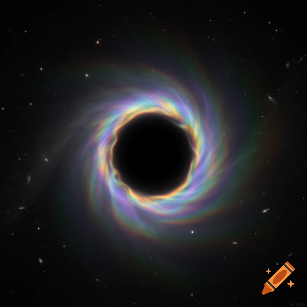 A black hole with a vibrant, swirling rainbow-colored accretion disk against a starry black space background with faint galaxies.
