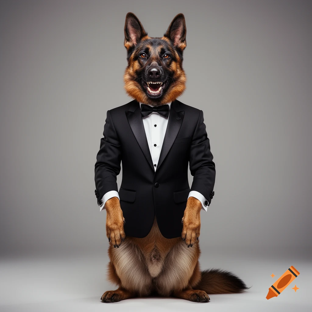 A photorealistic German Shepherd dog in a black tuxedo sits upright, posing against a gray background with an open-mouthed smile.