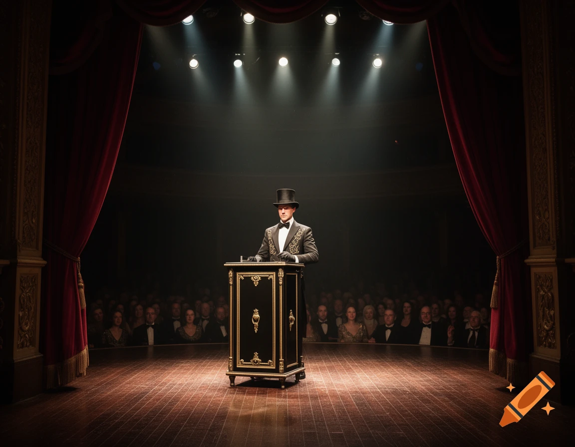 A magician in a top hat and formal suit stands by a black and gold magic cabinet on a spotlighted theater stage with a blurred audience.