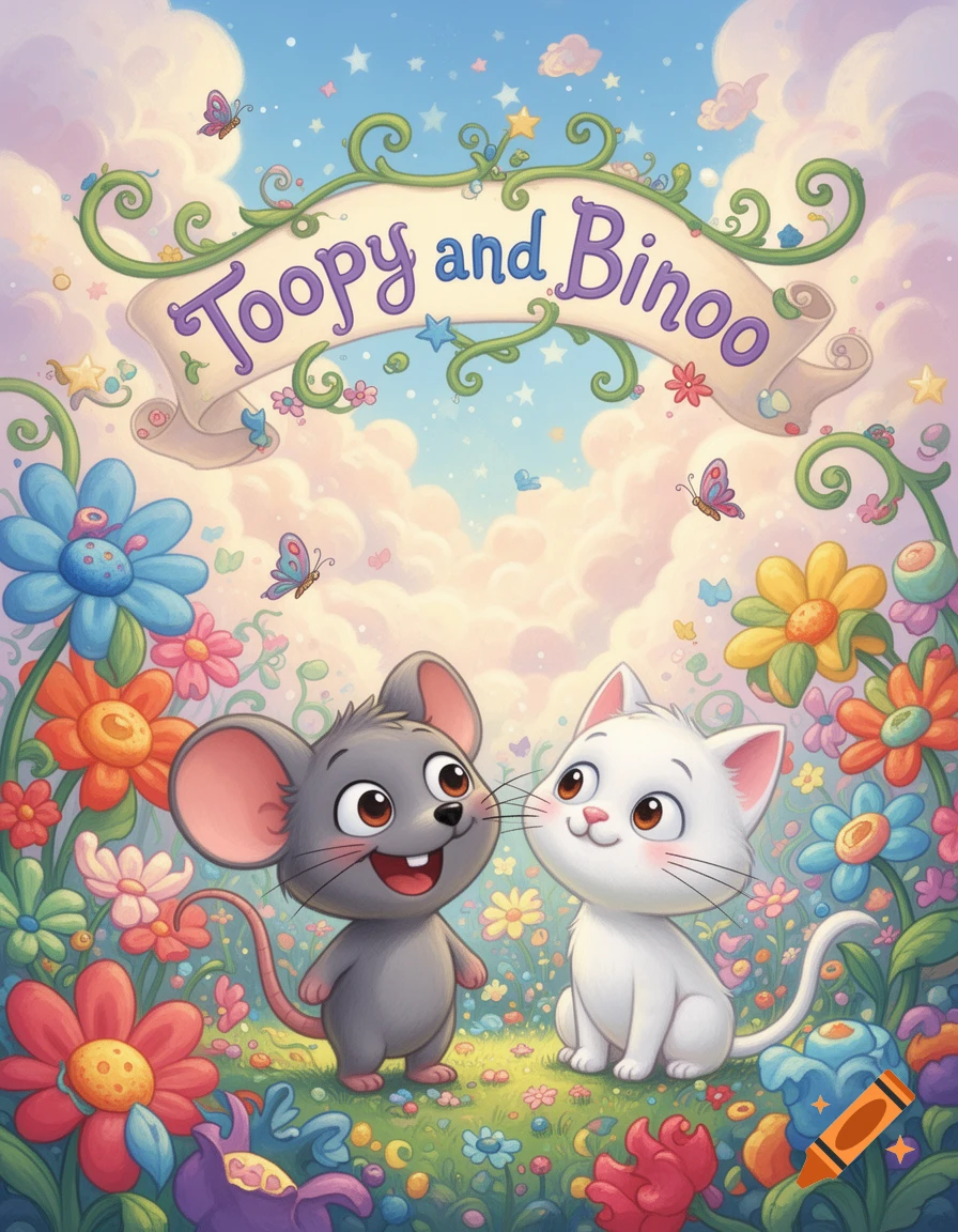 A whimsical cartoon illustration of a gray mouse and a white cat standing in a field of colorful flowers under a banner reading 'Toopy and Binoo'.