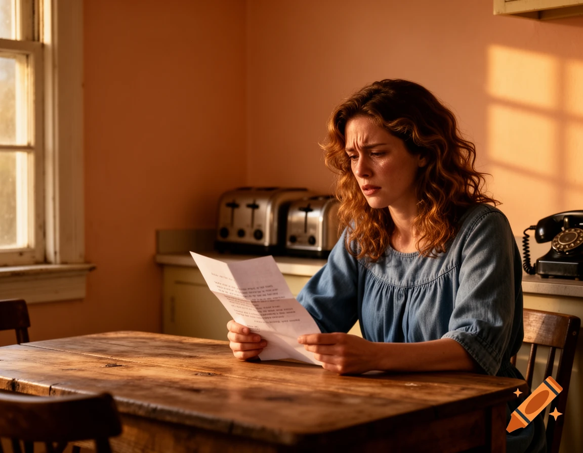 A distressed woman with curly hair sits at a wooden table in a sunlit kitchen, holding and reading a letter.