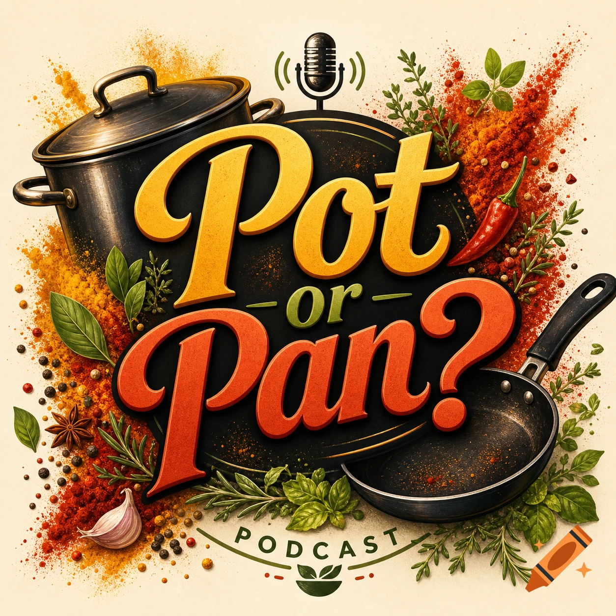 A colorful podcast logo featuring a black cooking pot, a frying pan, and spices, with the text "Pot or Pan? PODCAST".