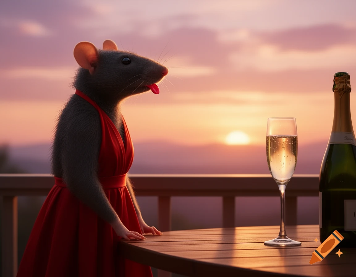 A photorealistic image of a rat in a red halter dress looking out over a sunset from a balcony, with a glass of champagne and a bottle on a table next to it.
