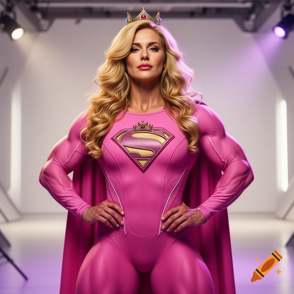A confident, muscular woman in a pink Superman-style suit with a crown stands in a studio.