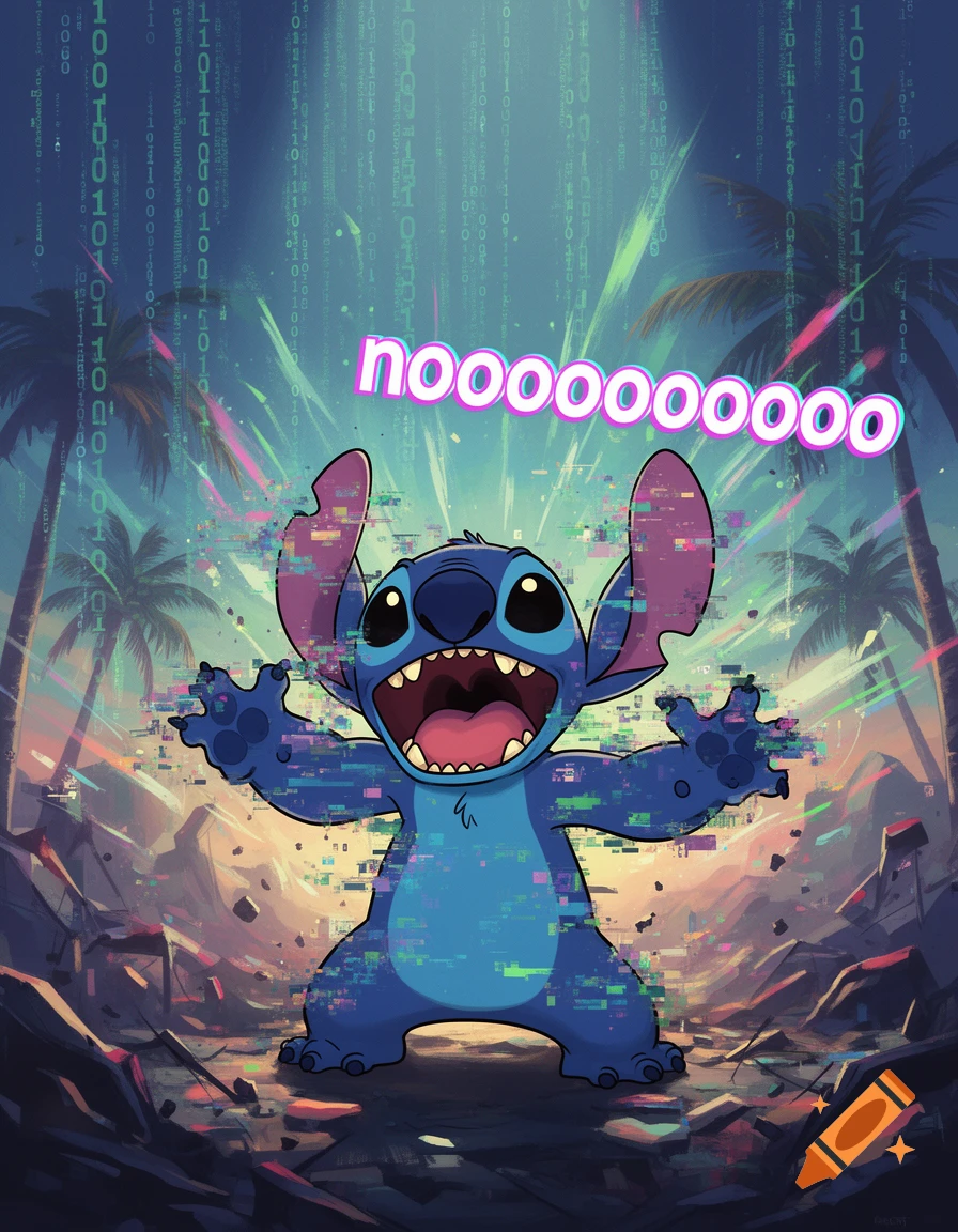 Distressed Stitch in glitch art style screams "nooooooooo" amidst digital binary code and distorted palm trees.