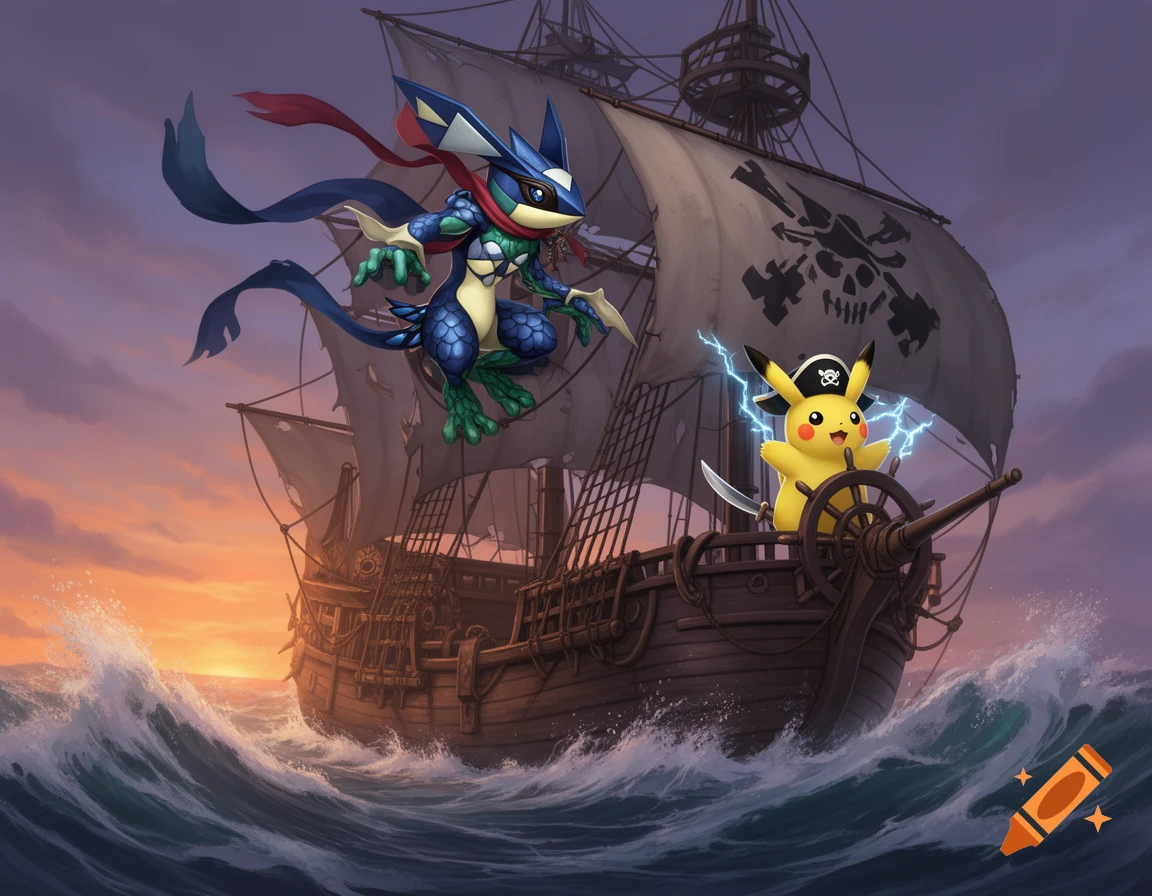 Pirate Greninja leaps by the sails of a ship as Captain Pikachu steers through stormy seas at sunset, illustrated.