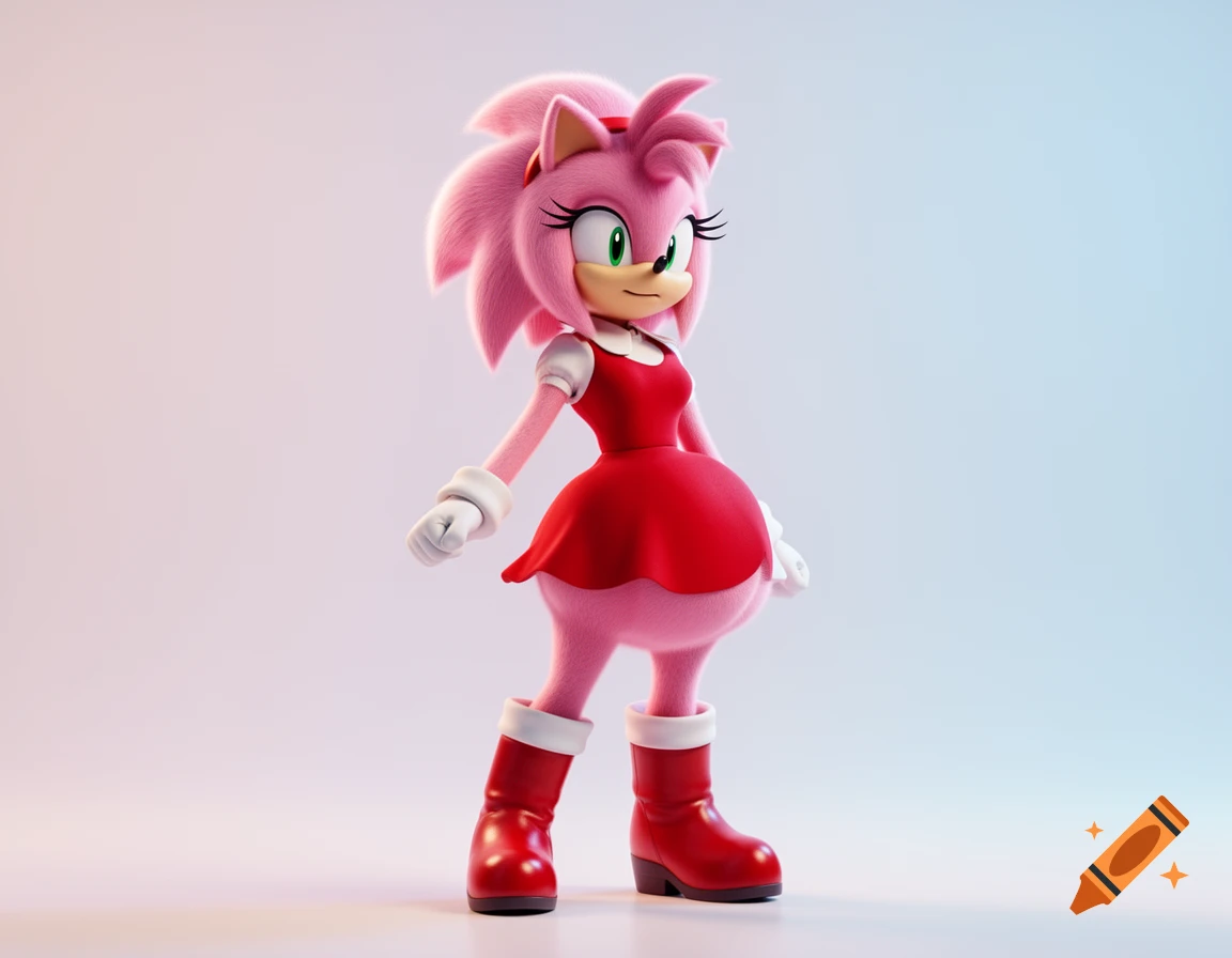 3D render of Amy Rose, a pink hedgehog wearing a red dress, white gloves, and red boots, standing on a gradient background.