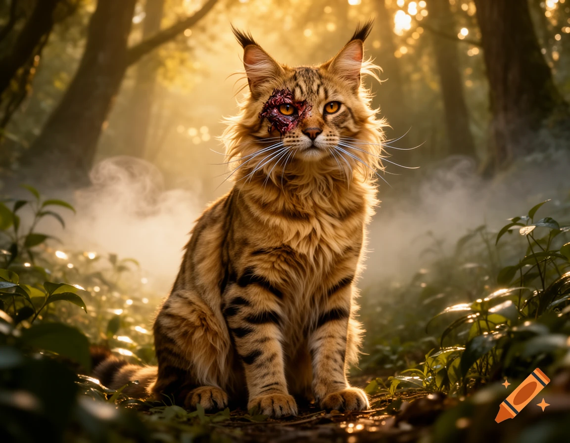 A majestic Maine Coon cat with a graphic battle scar over its left eye sits in a misty, sunlit forest, looking at the viewer. Photorealistic style.