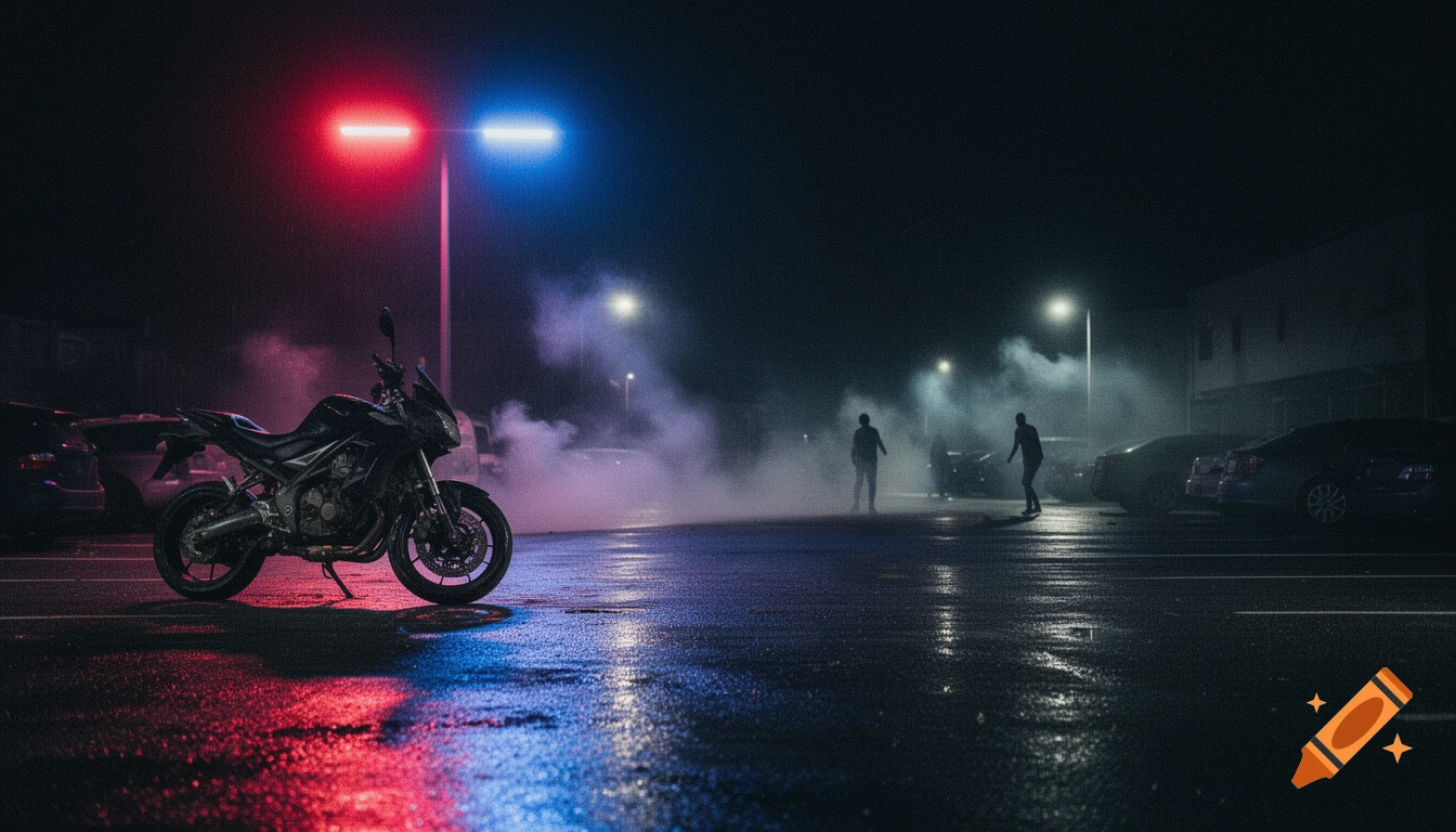 Photorealistic black motorcycle on a wet, smoky parking lot at night, with red and blue light reflections and distant silhouettes.