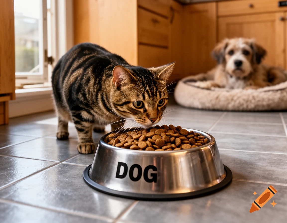 A tabby cat eats from a silver bowl labeled "DOG" on a tiled floor, with a blurred dog in a bed behind it.