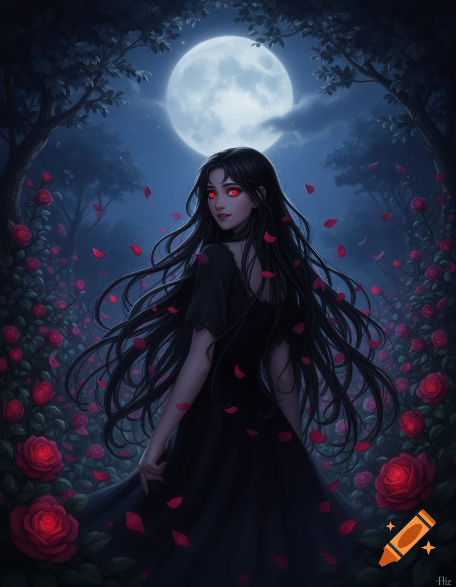 A dark-haired woman with glowing red eyes stands in a moonlit rose garden at night, wearing a black dress. Her long hair flows around her.