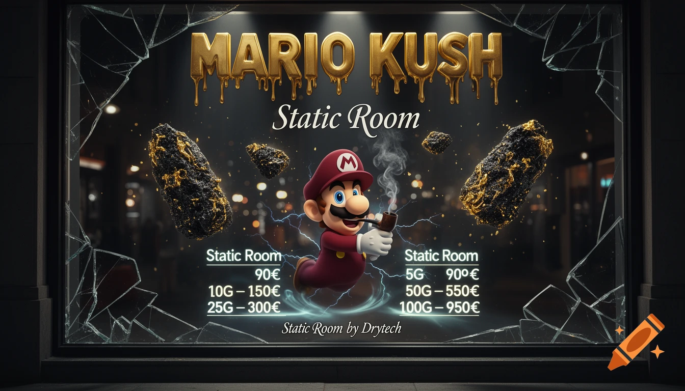 A stylized Mario-like character with a smoking pipe in a luxury cannabis shop window display, featuring 'MARIO KUSH' text and a menu with cannabis product prices, surrounded by floating golden-black crystal nuggets and shattered glass. Photorealistic, cinematic lighting.