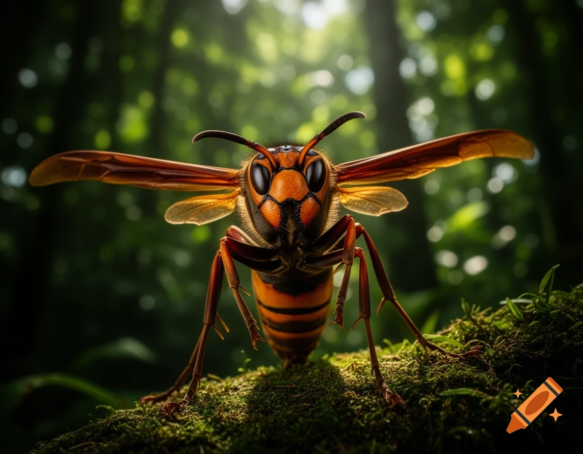 Photorealistic close-up of an Asian hornet with large eyes and striped body, on moss in a lush forest.