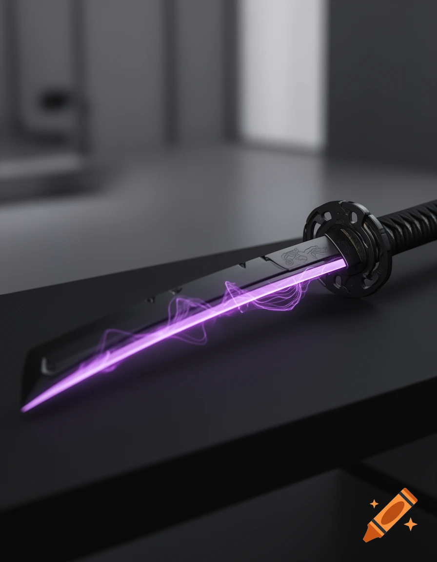 A futuristic matte black katana with glowing neon purple energy on its blade, resting on a dark surface.
