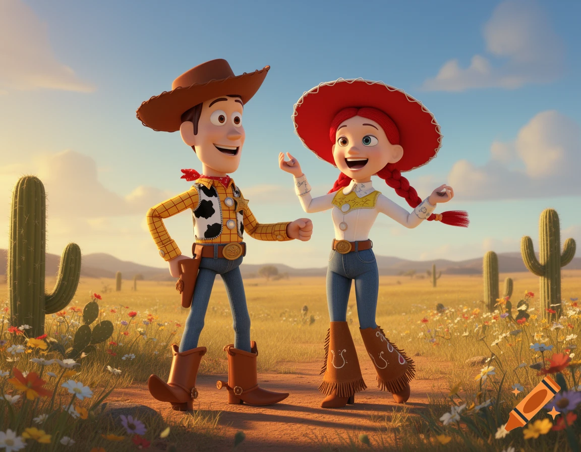 Woody and Jessie from Toy Story stand happily in a vibrant desert field with cacti and wildflowers under a clear sky.