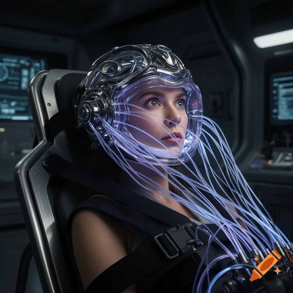 A woman in a sci-fi setting, strapped into a chair, wears a glowing futuristic helmet with purple tubes.